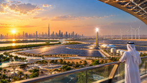 UAE renewable energy infrastructure with solar panels and Dubai skyline