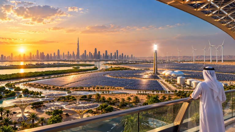 UAE renewable energy infrastructure with solar panels and Dubai skyline