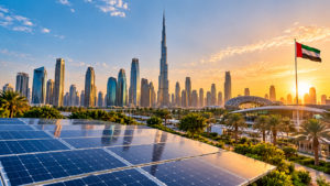 Dubai skyline and solar panels representing the UAE's green economy ambitions