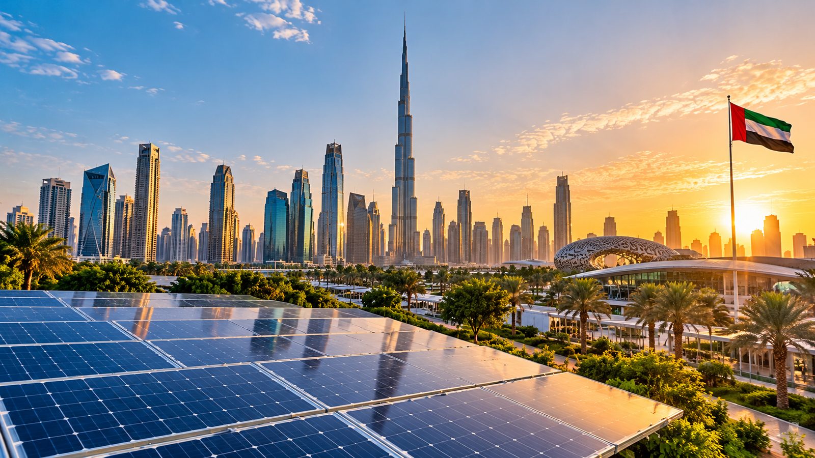 Dubai skyline and solar panels representing the UAE's green economy ambitions