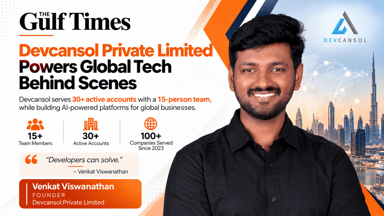 Venkat Viswanathan, founder of Devcansol Private Limited, featured by The Gulf Times for offshore engineering and AI platforms.
